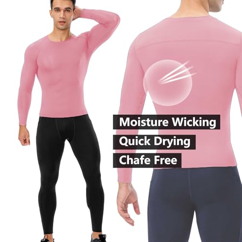 LEICHR 1/3 Pack Men's Athletic Compression Shirts Long Sleeve Workout Base Layer Quick Dry Fit Basketball Running Tops Undershirts, Pink#15-3, Medium - Image 4