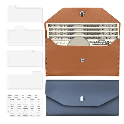 2 Pieces Cash Wallet, Money Holder for Budgeting, PU Leather Wallet With Cash Envelope Labels, Reusable for Check Billing, Blue/Brown by Actacve - Used condition - CA$6.62