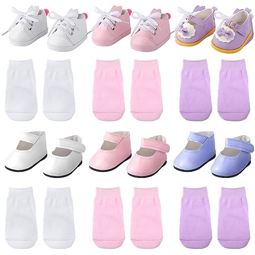 12 Pcs Doll Shoes Socks for 18 Inch Doll Girl Doll Accessories Doll Sneakers Imitation Leather Shoes for Doll Clothing Pre Kindergarten Toys