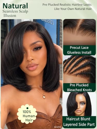Image of KLAIYI Layered Side Bangs Bob Straight Precut 6x4 Lace Wigs Human Hair 12 inch