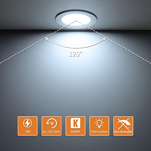 Tomosu Downlights for Ceiling Cool White 6000K, 5W LED Downlights Ceiling 450LM, AC 220-240V, Cut Ø75-90mm, Ultra Slim Recessed Ceiling Lights for Bathroom Spot Lights, Non Dimmable, 10 Pack