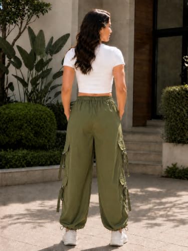 Image of SQew Women's High Waist Baggy Cargo Pants | Loose Fit Parachute Utility Trousers with Multiple Pockets | Casual Streetwear Pants