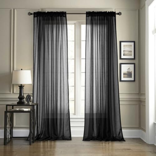 Dreaming Casa Solid Sheer Curtains Living Room Black Rod Pocket Voile Draperies Window Treatment 52