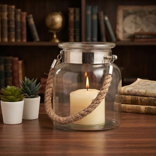 Glass Hanging Lantern Candle Holder with Rope Hurricane Jar for T...