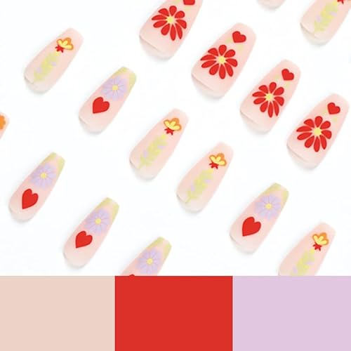 24 Pcs Coffin Shape Press On Nails,Medium Length With Multicolor Flowers French Designs Fake False Nails With Glue,Nail Art For Women And Girl Stick On Nails #TOP1