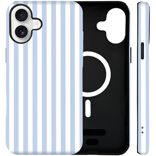SenRiCase for iPhone 17 Case Cute Striped Phone Case Compatible with MagSafe, Dual-Layer Shock Protection(Hard PC + Silicone) - Aesthetic Protective Phone Cover for Women Girl, Blue and White