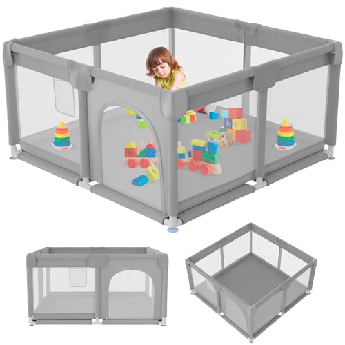 JUPPLIES Parque Infantil Bebe 120x120cm – Corralito Bebe con Malla Transpirable – Parque de Juegos Bebe con Puerta Lateral – Playpen Bebe - Gris
