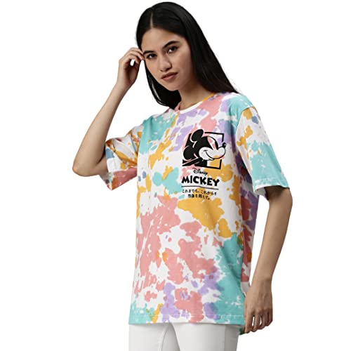 Image of Veirdo Original Disney Mickey Printed Pure Cotton Oversize Loose Baggy Fit Drop Shoulder Half Sleeves Round Neck Mickey Tit-Dye T-Shirt for Women (GL OS ST3008 TD)