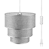 Plug in Pendant Light, Pendant Lighting with Grey Linen Fabric Shade, 15FT Clear Cord with On/Off...