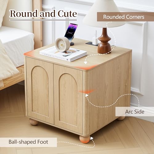 affeivul Bed Side Table Set of 2 with Charging Station, Mid Century Modern Nightstand with 2 Doors, Square End Table with Storage for Couch,Living Room, Sofa Side Table for Office,Dorm - Natural — view 5