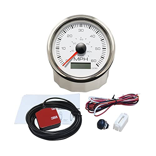 ELING 85mm Waterproof GPS Speedometer 0-60 MPH Speed Gauge Kit for Marine Boat Car Jet Ski 12V 24V(White+Stainless Steel)