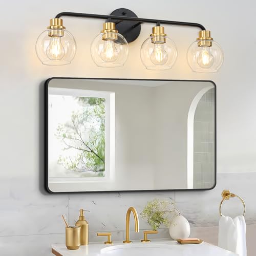 Image of 4 Light Bathroom Vanity Light, Black and Gold Bathroom Light Fixtures | with Clear Glass Shade Modern Wall Sconces Lighting Bath Wall Lights Lamp for Mirror Kitchen Living Room Bedroom Hallway
