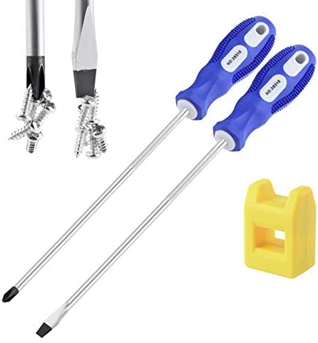 IEBUOBO Slotted and Phillips Screwdriver PH2 8" Long Cross-head Screwdriver & Flat Blade Screwdriver, 2 Packs Magnetic Screwdriver with Rubber Handle, With Magnetizer/Demagnetizer Tool