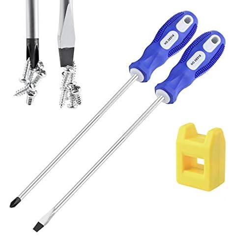 IEBUOBO Slotted and Phillips Screwdriver PH2 8" Long Cross-head Screwdriver & Flat Blade Screwdriver, 2 Packs Magnetic Screwdriver with Rubber Handle, With Magnetizer/Demagnetizer Tool Cover