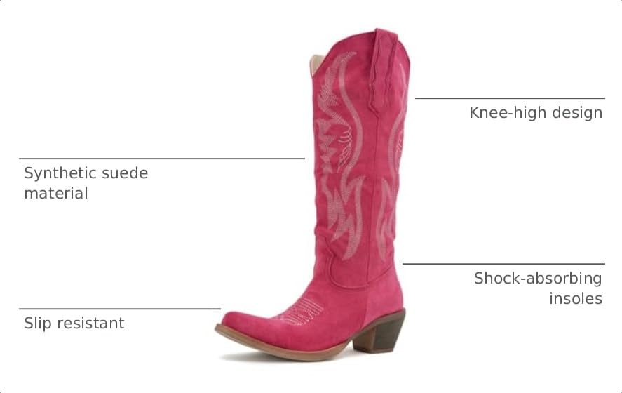 Image of GORBINETI Women Cowboy Boots Mid Calf Cowgirl Western Boots Embroidered Suede Pull On Almond Toe Chunky Heel
