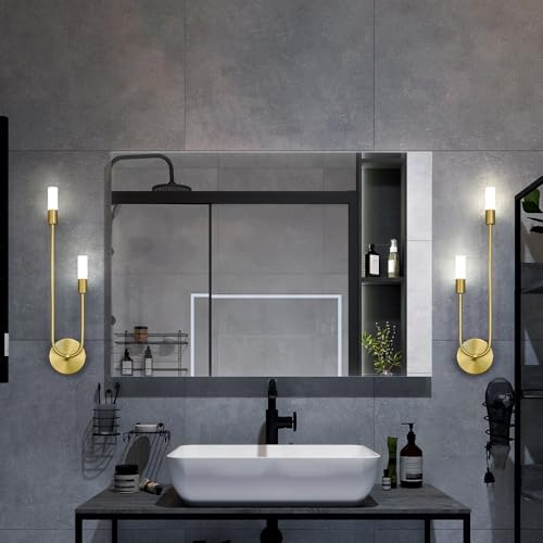 Image of Gold Wall Sconces Set of Two U Shape 2 Light 6000K LED Wall Sconce Dimmable Bathroom Sconces Modern Sconces Wall Lighting for Bedroom Hallway Wall Light Fixtures Indoor