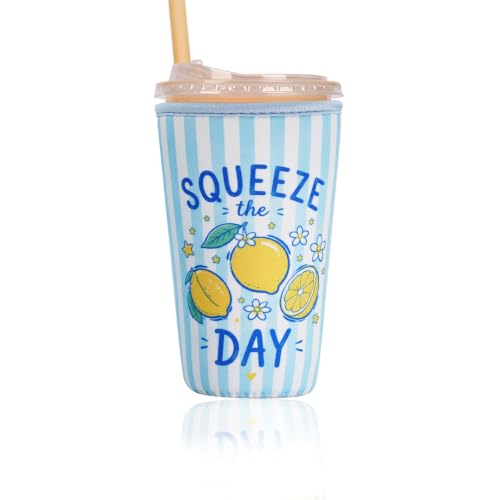 Image of Reusable Insulated Sleeve for Iced Coffee Cup, Coffee Neoprene Sleeve for Cold & Hot Drinks, Beverage Holder for Iced Coffee (Squeeze Day, Large: 32oz)
