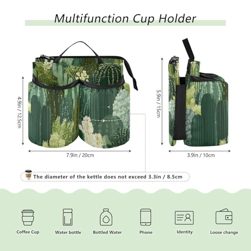 Image of Luggage Cup Holder for Suitcases Free Hands Suitcase Cup Holder Travel Luggage Drink Holder Portable Luggage Cup Caddy Bag Carrier with Handle Green Cacti Plants