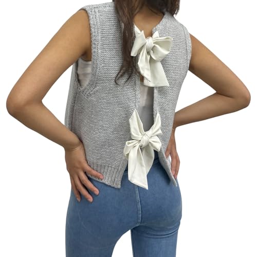 Image of chouyatou Women's Y2K Backless Crop Sweater Vest Back Tie Knot Crewneck Sleeveless Knit Vest Tank Tops