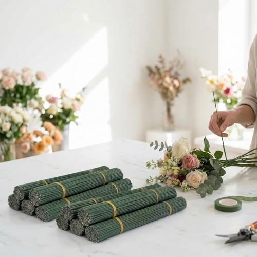 100Pcs Flower Stem Wire, 2.0mm 14 Gauge Sturdy Iron Sticks for Artificial Flowers, DIY Bouquet Crafting, Stem Wrapping, Plant Support and Multi-Use Crafts, Green (100pcs, 10 Inch/25cm)