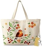 Miss Adola Large Tote Bag for Women - Aesthetic Cute Big Canvas Bags with Zipper Cotton Reusable Shoulder Bag with Hook Graphic for Travel, Work, Shopping, Gym, Tree Bird