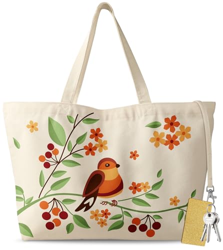 Miss Adola Large Tote Bag for Women - Aesthetic Cute Big Canvas Bags with Zipper Cotton Reusable Shoulder Bag with Hook Graphic for Travel, Work, Shopping, Gym, Tree Bird