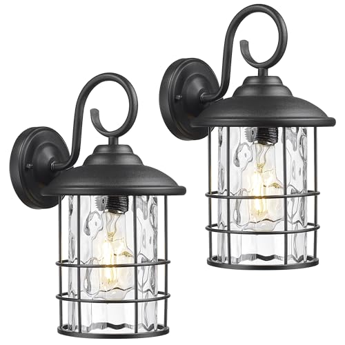 Emliviar 2 Pack Outdoor Black Wall Sconces with Water Ripple Glass, E26 Base, 12.5 Inch Front Door Vintage Wall Lighting for Entryway and Garden, 1803CW2-2PK-WG