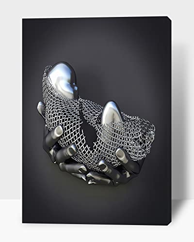 Love Heart 3D Effect Wall Art Canvas Print - Baby Metal Figure Sculpture Picture Prints On Canvas Art For Wall Decor, Love Heart Gray 3D Framed Artwork Ready To Hang 12X18 Inches #TOP21