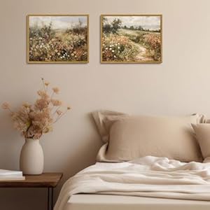 OIQArtOIQ Vintage Wildflowers Landscape Wall Art Framed Floral Natural Scenery Oil Painting Canvas Prints Country Farmhouse Fall Decor Pictures Kitchen Bedroom Living Room Bathroom