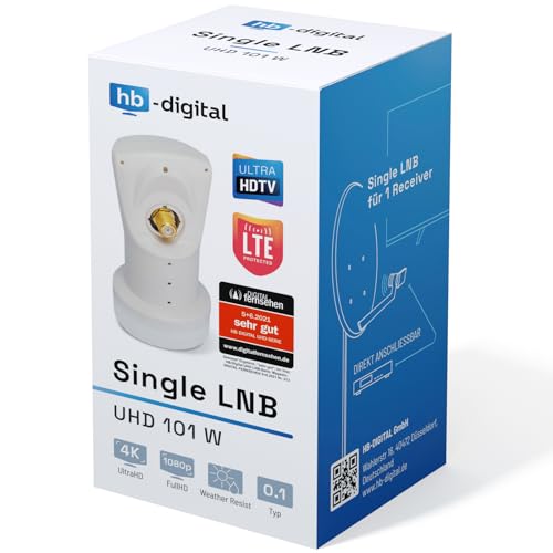 hb-digital Single LNB (Test SEHR GUT *) LNC Kopf 1 Teilnehmer Direkt LTE Protected Satelliten Digital Sat Full HD TV 3D 4K UHD Kontakte vergoldet Wetterschutz Weiß White