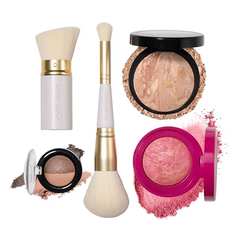LAURA GELLER Daily Routine Kit | Fair | Limited Edition Makeup Set | Includes Baked Foundation for Mature Skin, Exclusive Blush, Eyeshadow, Retractable Kabuki Brush