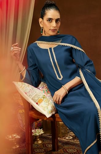 Image of Janasya Women's Chanderi Silk Yoke Design Straight Kurta Set