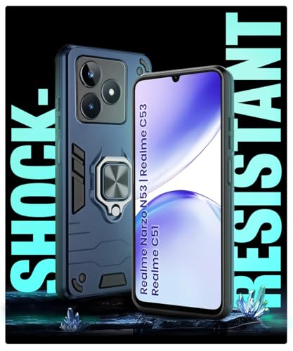 Image of WOW IMAGINE Shock Proof Back Case Mobile Cover for Realme Narzo N53 | Realme C53 | Realme C51 | Back Cover Case (Tough Armor | Hybrid PC + TPU | Ring Holder & in-Built Kickstand | Blue)