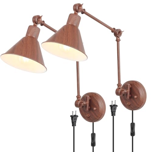 Image of TRLIFE Plug in Wall Sconces, Dimmable Wall Sconces Set of 2 Plug in Swing Arm Wall Lights, Adjustable Wall Mounted Light Wall Lights with 6FT Plug in Cord, E26 Base(Two Arms, Walnut Color)