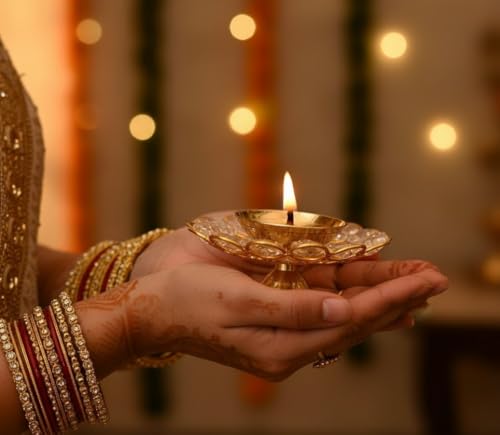 Image of Brass Crystal Diya Set of 2 | Gold Powder-Coated Finish | 3 Inch Height x 3 Inch Diameter | Decorative Metal Oil Lamps | Festive and Puja Decor