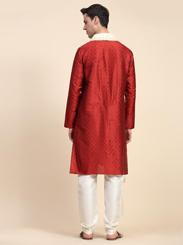 SKAVIJ Men's Jacquard Silk Kurta Pajama Set with Scarf Ethnic Motifs 3-Piece Set (Small, Red)2