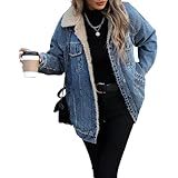 Women's Sherpa Lined Denim Trucker Jacket Winter Coats Fleece Warm Lapel Collar Casual Jean Coat with Pockets