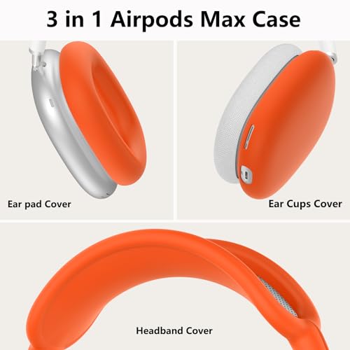 AirPods Maxヘッドフォン用シリコンケースカバー 傷防止 イヤーパッドケースカバー イヤーカップカバー/ヘッドバンドカバー AirPods Max用アクセサリー ソフトシリコンスキンプロテクター Apple AirPods Max用(オレンジ)