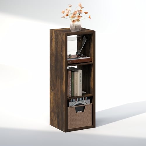 Image of Furinno Cubicle Record Player Stand, 3-Cube Record Storage, Amber Pine | Vinyl Storage, 1.2 inchInch Extra Thick, Open Back Media Shelf for CD DVD Bluray Game Disc, for Living Room, Home Office