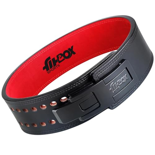 Image of FitBox Sports Pro Lever Weightlifting & Powerlifting Belt - Leather Gym Belt for Heavy Lifting, Squats, Deadlifts - Strong Back Support & Double | Men & Women L /XL (Black)