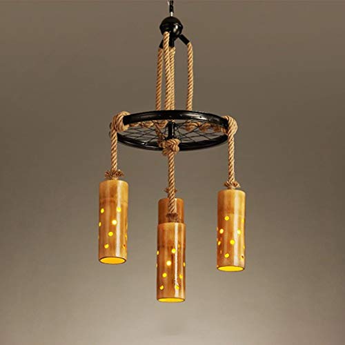 Lustre industriel en bambou tressé main et chanvre naturel édition 4 têtes