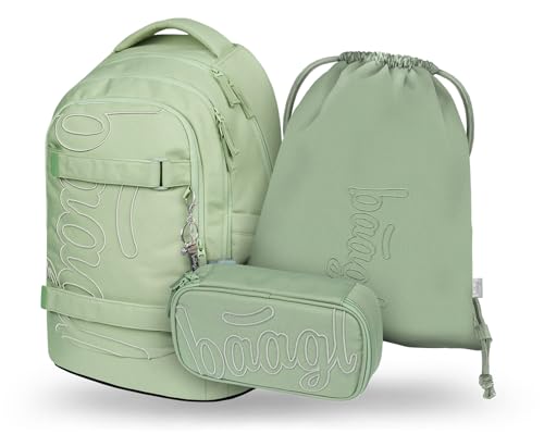 Baagl Schulrucksack Set Jungen Mädchen Teenager 3 Teilig, Skateboard Rucksack Skate MAX, Schultasche ab 3. Klasse, Grundschule Ranzen mit Brustgurt, Ergonomischer Schulranzen, 30 l (Mentol)