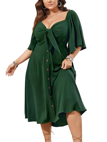 Image of SCOMCHIC Plus Size Summer Dress Casual Short Sleeve Bow Tie Deep V Neck Smocked Button Down Midi Flowy A-line Boho Dresses