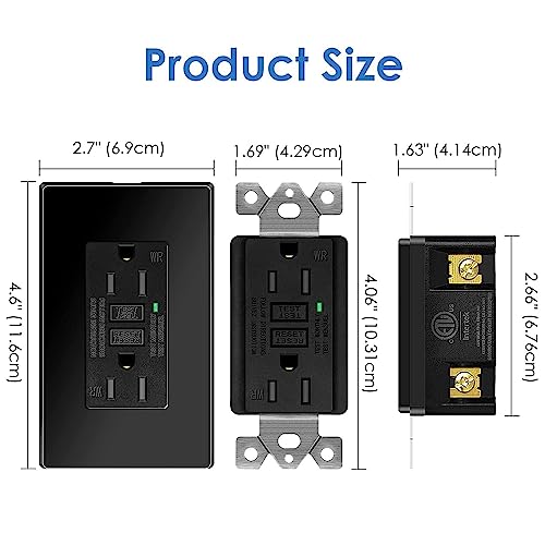 Black Gfci Outlet 15 Amp,Kcmytoner Black Gfi Electrical Outlet, Black Ground Fault Receptacle Outlet Weather 125 Volt,With Decorator Screwless Gfci Plate,Etl Listed, Black Gfi #TOP3
