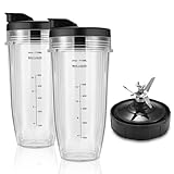 Blender Replacement Parts for Ninja, 24oz Ninja Blender Cups with To-Go Lids, 7 Fins Extractor Blade, Compatible with Nutri Ninja Auto iQ Blenders BL2012, BL2013, BL450, BL480