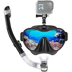 LYEAA Gafas de buceo, juego de esnórquel para adultos, respiración fácil, antivaho, máscara de esnórquel con esnórquel seco, lentes templados, gafas de buceo subacuáticas con soporte para GoPro