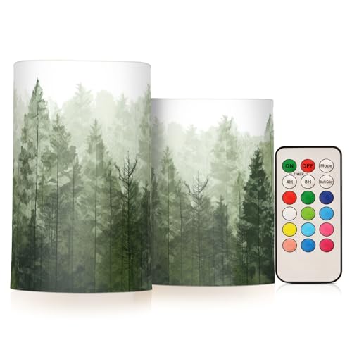 Kigai Pine Trees Flameless Candles with Remote Control and Timer,Battery Operated LED Pillar Candles Adjustable Brightness for Ourdoor Indoor Use,Home Decor,2 Pack