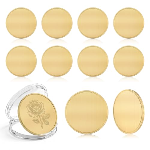 10 Pcs Blank Brass Challenge Coin for Laser Engraving 40mm Engraving Blank Coins with Acrylic Protection Box Unfinished Challenge Coin Blanks (Gold Thickness 2mm)
