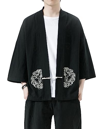 Image of Mens Kimono Cardigan Cotton Linen Japanese Shirt 3 /4 Sleeve Haori Yukata | Skin-Friendly Solid Color Lightweight Shawl Collar Kimono Robe Embroidery Button Tie Pockets Happi Coat All Season Daily Wear