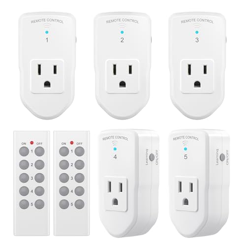 BN-LINK Wireless Remote Control Outlet Electrical Switch for Lights, Fans, Christmas Lights, Small Appliance, 100ft Long Range White (Learning Code, 5Rx-2Tx) 1200W/10A, ETL & FCC Certified